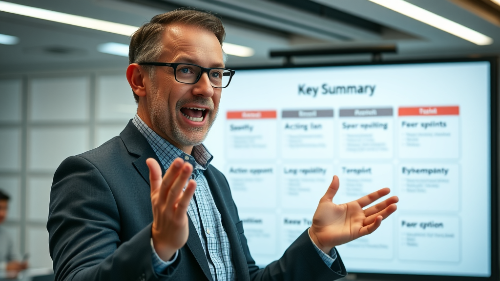 Confident business leader presenting key takeaways for content marketing for businesses on a digital board.