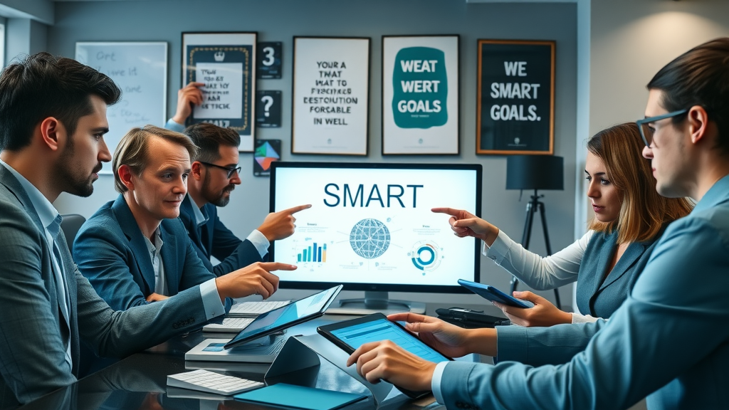 Business professionals mapping out SMART goals with digital tablets for content marketing for businesses.