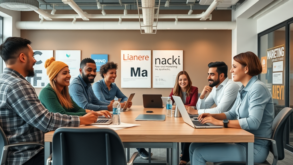 diverse marketing professionals collaborating at agency office, business marketing roles