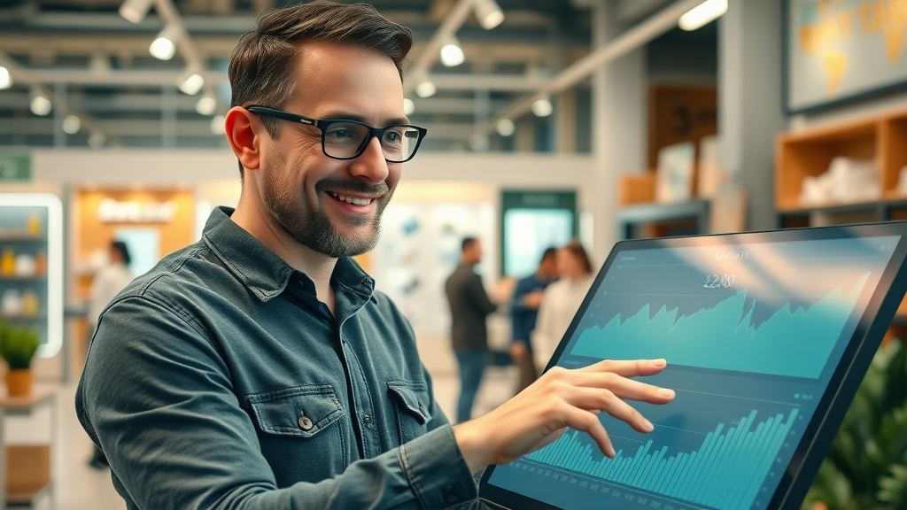 successful small business owner reviewing growth analytics digital marketing business development