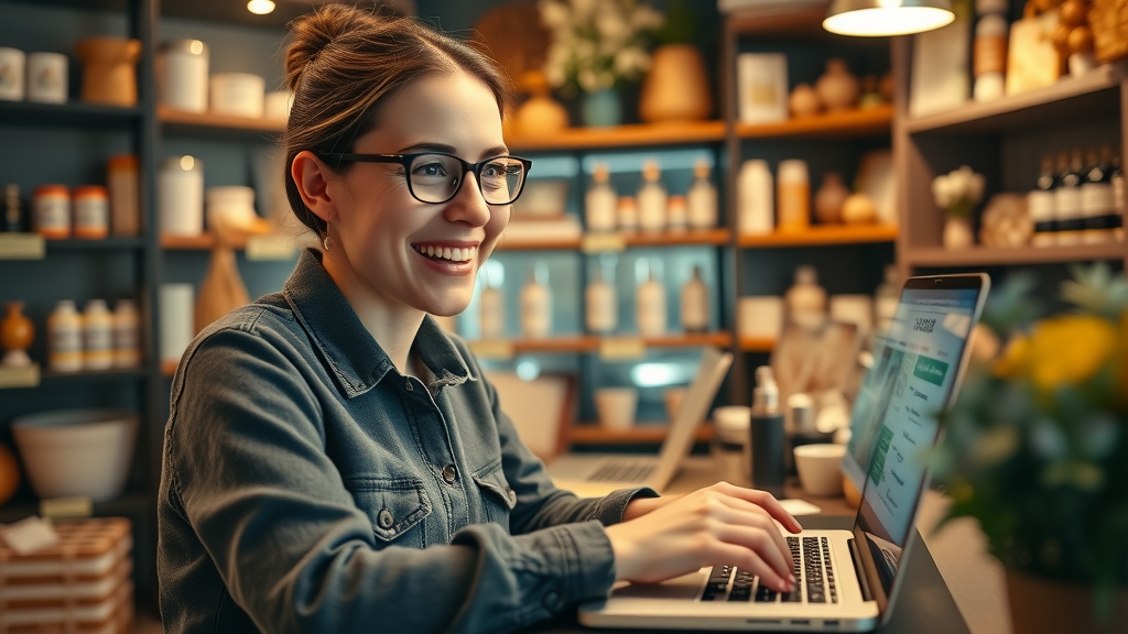 small business owner smiling, excited expression, engaging with online customers via digital marketing dashboard, High Fantasy, cozy shop interior