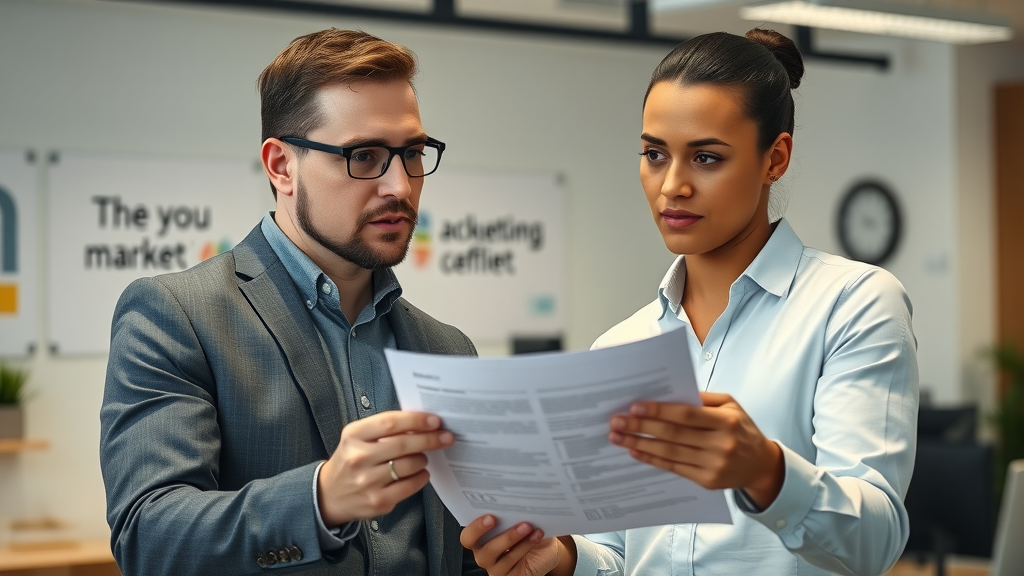 Professional marketer advising a small business owner, analytical expression, reviewing marketing strategies together, Photorealistic High Fidelity Lifelike, modern office with branding materials, business marketing collaboration