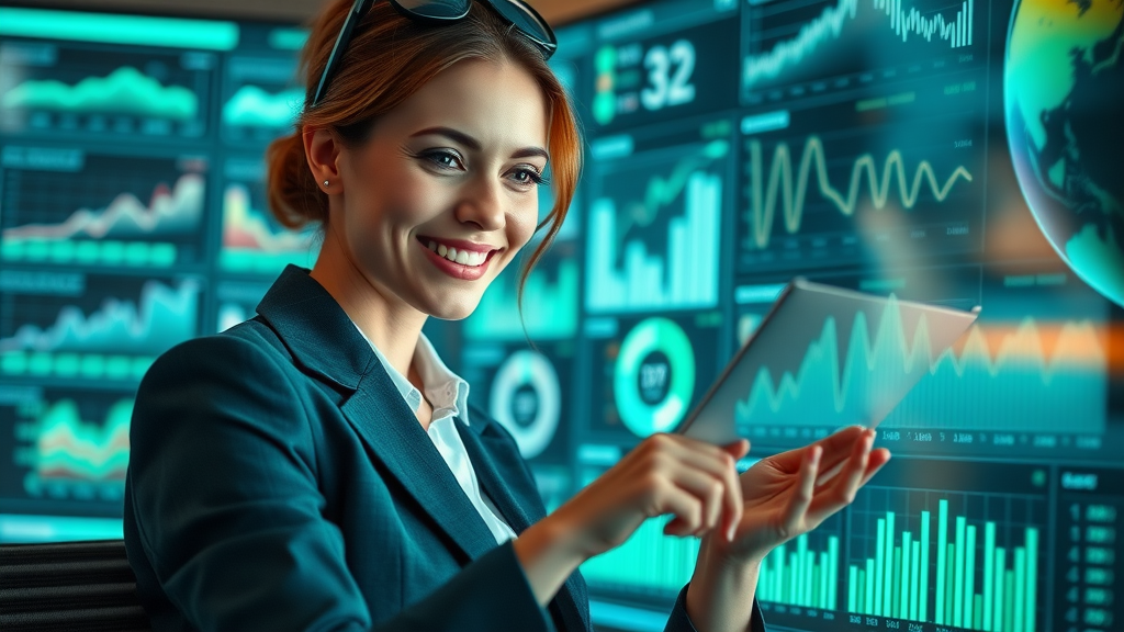 Businesswoman evaluating analytics dashboard to measure content marketing for businesses performance.