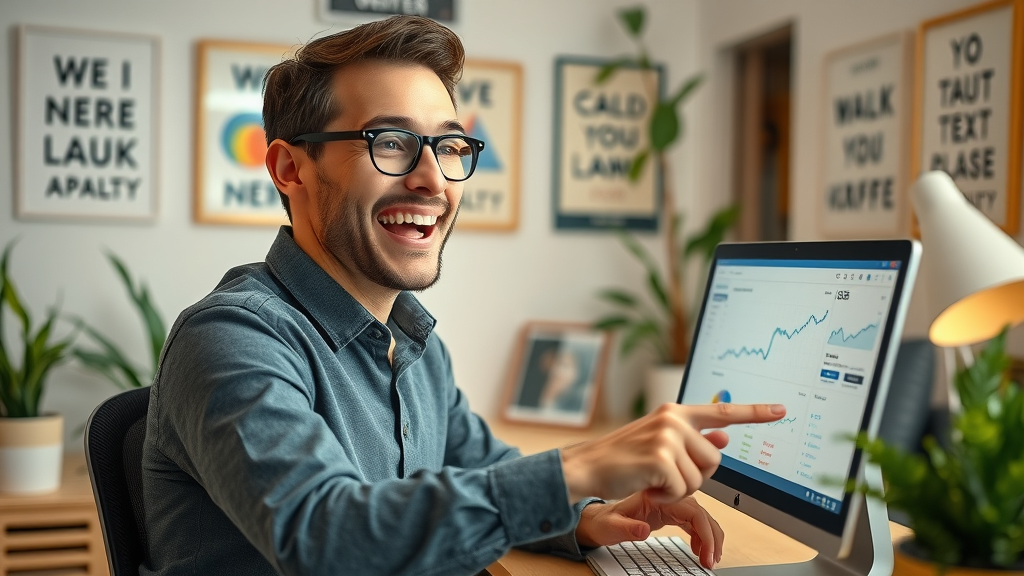 Small business owner tracking marketing roi through analytics dashboard in office setting
