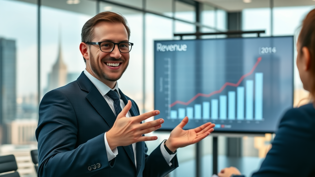 Business leader presenting customer acquisition results and revenue growth in a corporate boardroom.