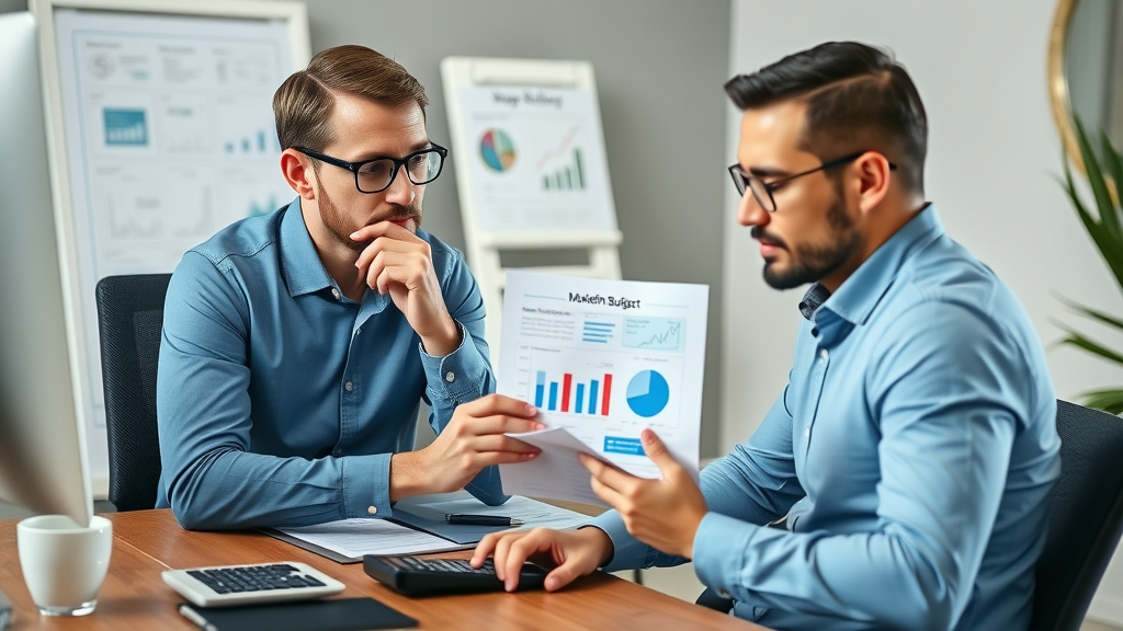 Financial advisor consulting with small business owner, contemplative expression, reviewing marketing budget charts, consulting marketing investment
